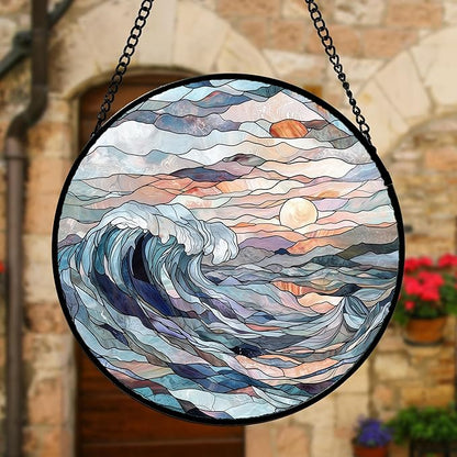 DASTOLL Stained Glass Window Hanging, Sunrise Waves Sun Catchers Diamond Glass Panel Hangings Abstract Suncatcher Decor for Birthday for Women, Men, Wife, Aunt, and Mom 6.3 in