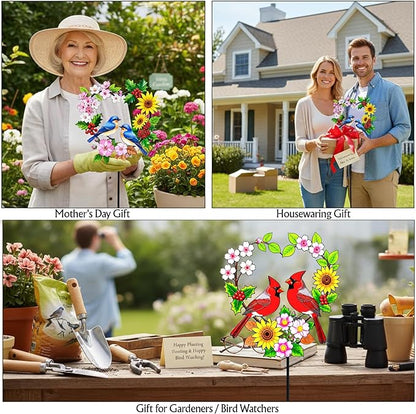 Decorative Garden Stakes Metal Red Cardinal - Heart Shaped Pair of Red Birds with Flowers 24 Inch Colorful Yard Decor, Outdoor Lawn Ornament(Cardinal Couple)