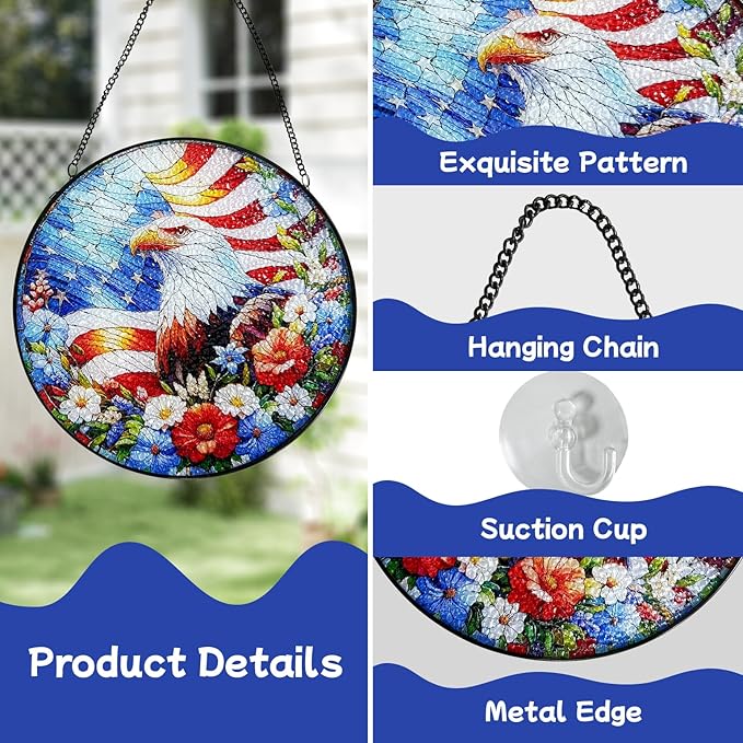 Stained Glass Window Hanging, 4th of July Patriotic Eagle Suncatcher, 250th Anniversary Ornament, Independence Day Decor for Home Garden Porch Patio, Birthday Housewarming Gift, 7.8 Inch