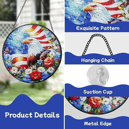 Stained Glass Window Hanging, 4th of July Patriotic Eagle Suncatcher, 250th Anniversary Ornament, Independence Day Decor for Home Garden Porch Patio, Birthday Housewarming Gift, 7.8 Inch