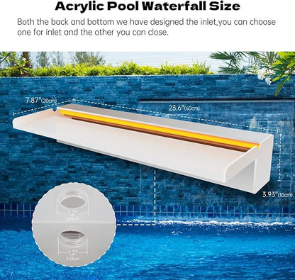 Pamopamo Pond Waterfall Spillway, APP Control Multi-Color LED Light Outdoor Pool Fountain, Acrylic Water Spillway Koi Fountains Kit for Garden Patio Swimming Pool Decoration - 23.6"x7.8"x3.9"