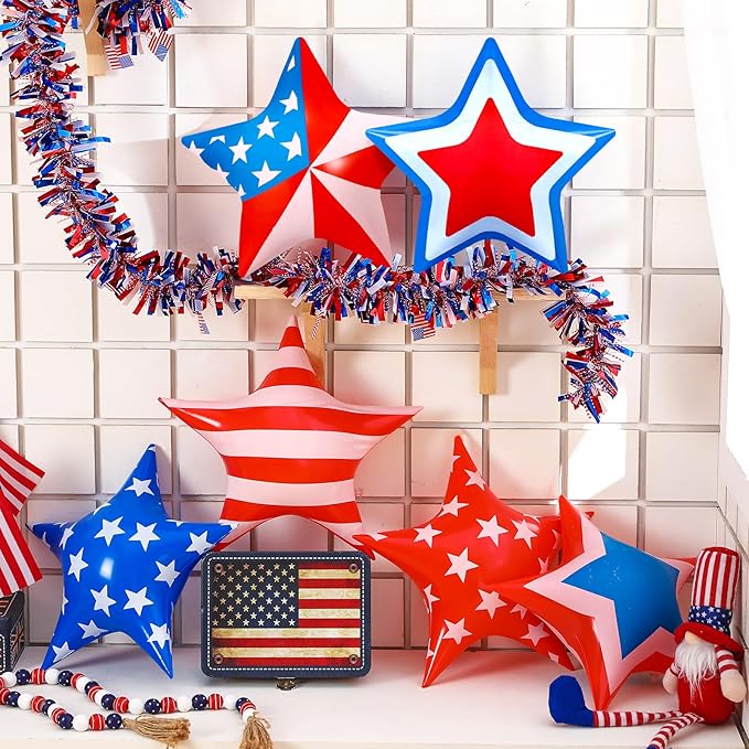 18 Pcs 4th of July Inflatable Outdoor Stars Decor 250th Anniversary Patriotic Memorial Day Outdoor Decorations Inflatable Star American Flag PVC Balloons Blow up for Hanging Home Garden Decor