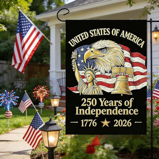 250th Anniversary Garden Flag, 250 Years of Independence Double Sided Garden Flag 12.5x18 Inch, Patriotic Yard Flag with Statue of Liberty, Bald Eagle & Liberty Bell Design, 4th of July Lawn Sign