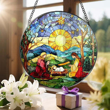 8'' Stained Glass Suncatcher Decor, Window Hanging, Nativity Scene Ornament, Religious Christmas Ornaments, Christian Holiday Decor, Gifts for Christmas, Christian Gift, Religious Gift