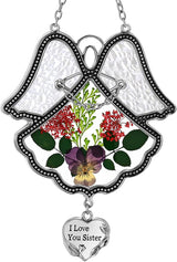KY&BOSAM Angel Suncatcher I Love You Sister Stained Glass Panels for Windows Wind Chime with Pressed Flower Glass with Metal Heart Charm Birthday Gift for Women Sister for Mothers Day Christmas Décor