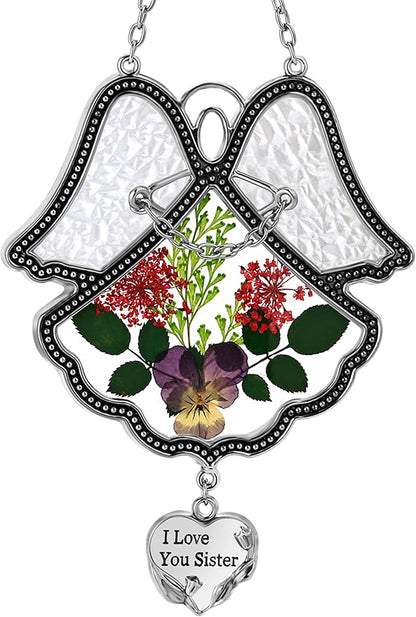 KY&BOSAM Angel Suncatcher I Love You Sister Stained Glass Panels for Windows Wind Chime with Pressed Flower Glass with Metal Heart Charm Birthday Gift for Women Sister for Mothers Day Christmas Décor