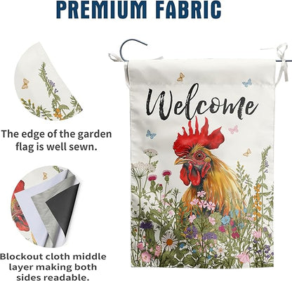 Floral Chicken Garden Flag Spring Summer House Flags 28x40 Double Sided Farmhouse Rooster Yard Flags for Outside Large Outdoor Welcome Flags Farm Chicken Coop Decor