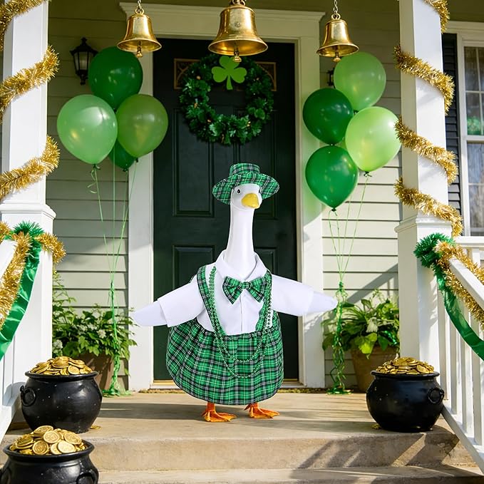 Watayo 4 Pcs/Set St. Patrick's Day Porch Goose Outfits, Lawn Goose Statue Green Plaid Costume, Irish Green Garden Goose Clothes Dress Hat and Bead Necklaces for 23" High Statue Patio Yard Decor
