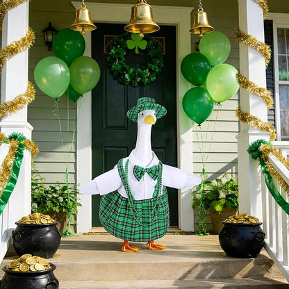 Watayo 4 Pcs/Set St. Patrick's Day Porch Goose Outfits, Lawn Goose Statue Green Plaid Costume, Irish Green Garden Goose Clothes Dress Hat and Bead Necklaces for 23" High Statue Patio Yard Decor