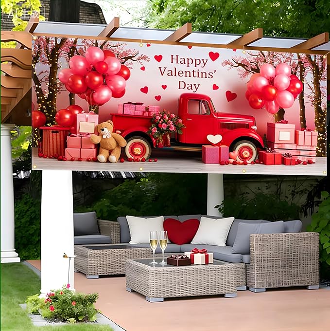 Valentine Garage Door Banner 157.5x70.9in Large Love Garage Door Cover Outdoor Valentine Decorations for House Exterior Yard Party Backdrop with Grommets and Rope