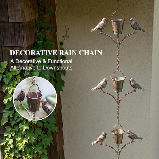 Metal Rain Chain Decoration 6.3FT., Rain Catcher Metal Chain Gutter Downspout 76'' for House Eaves, Garden & Home, Birds & Buckets Shape Rain Chains