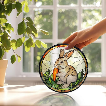 Easter Bunny Carrot Suncatchers Stained Glass Window Hanging, Easter Bunny Decor Sun Catchers Indoor Window Glass Round Wall Decor, Rabbit Wall Hanging Decorations, 7.9x7.9in