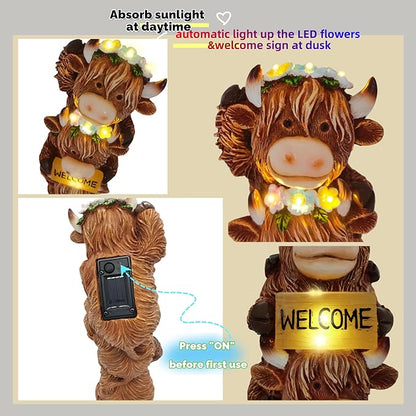 12 Inch Highland Cow Statue Solar Outdoor Decor for Yard Patio Front Door, Farmhouse Porch Decoration Animal Cattle with Led Welcome Sign Flowers Light, Home Ornaments for Outside, Mom's Gifts