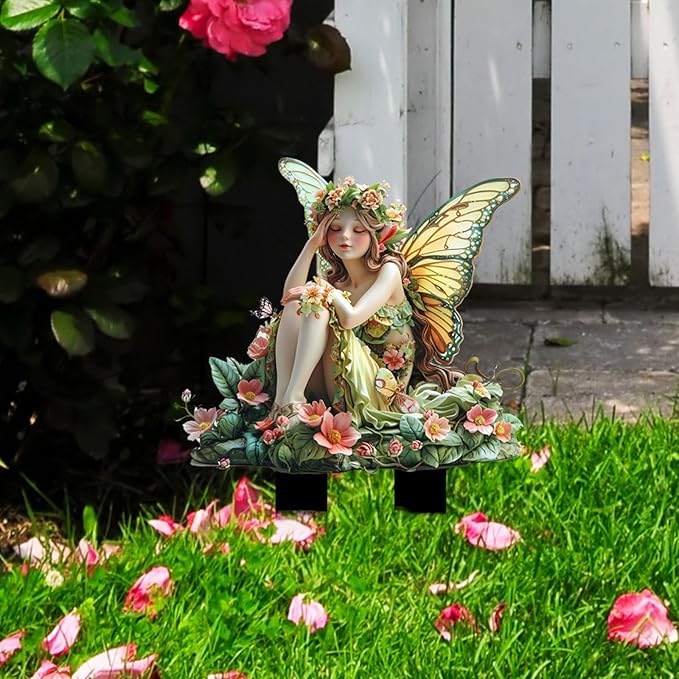 Flower Fairy Garden Stake Decor, 2D Flat Acrylic Elf Garden Sign with Stake, Fairy with Magic Sign for Indoor Outdoor Yard Lawn Balcony Pot Plants (Green Flower Fairy)