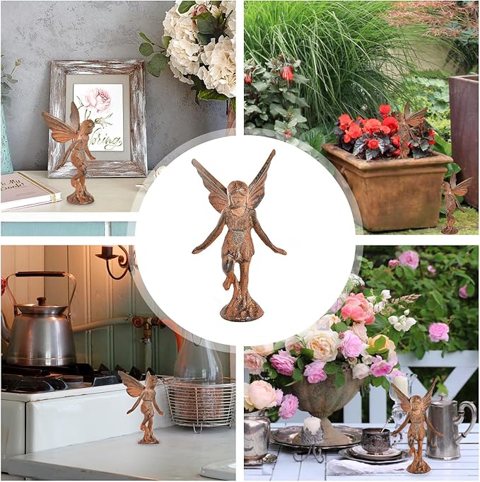 Sungmor Cast Iron Angel Statue, Rustic Brown Fairy Figurines, Creative Angel Pixie Collection Home Office Desk Decor, Indoor Outdoor Fairy Garden Accent Ornament