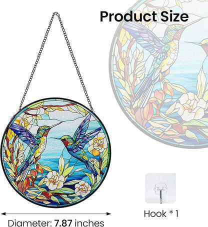 AELS Stained Glass 7.87" Round Suncatcher, Colorful Sun Catcher for Home Garden Window Decor, Window Hanging Ornament Gift for Friends and Family, Blue Feathered Hummingbird