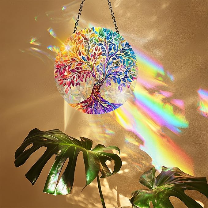 VAIIEYO Tree Acrylic Sun Catcher Window Hanging Decoration, 7.8 Inch Double-Sided Light Reflecting Plant Ornament for Window, Garden, Porch or Balcony Decor, Housewarming, Gift for Natural Lovers