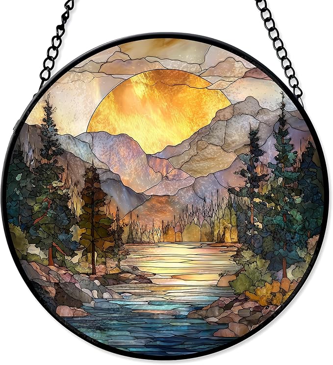 7.8" Mountain Range Suncatcher Stained Glass Window Hanging Sunset Sun Catcher Lake River Ornaments Wall Art Home Garden Room Decor Birthday for Nature Lovers Women Mom