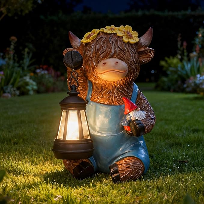 Solar Highland Cow Gnomes Garden Decorative Statue - Resin Solar Lights Cows Figurine Yard Outdoor Decor with Detachable Lantern, Animal Figurines Balcony Ornaments, for Women/Mom
