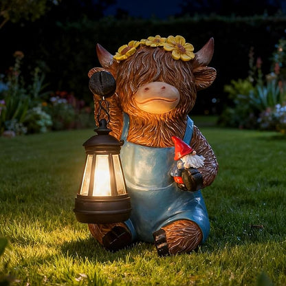 Solar Highland Cow Gnomes Garden Decorative Statue - Resin Solar Lights Cows Figurine Yard Outdoor Decor with Detachable Lantern, Animal Figurines Balcony Ornaments, for Women/Mom