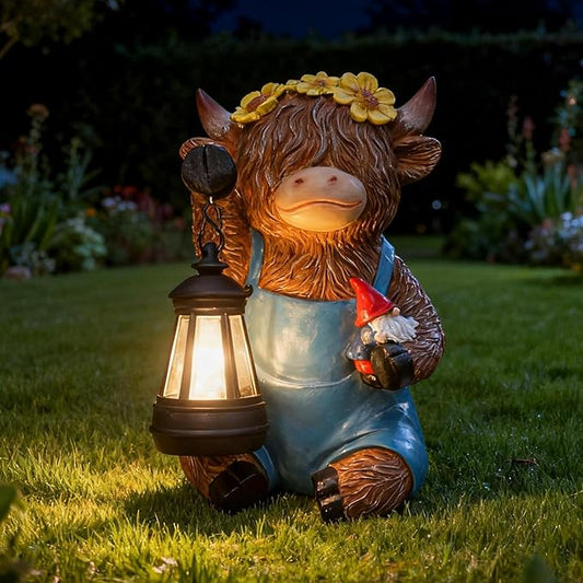 Solar Highland Cow Gnomes Garden Decorative Statue - Resin Solar Lights Cows Figurine Yard Outdoor Decor with Detachable Lantern, Animal Figurines Balcony Ornaments, for Women/Mom