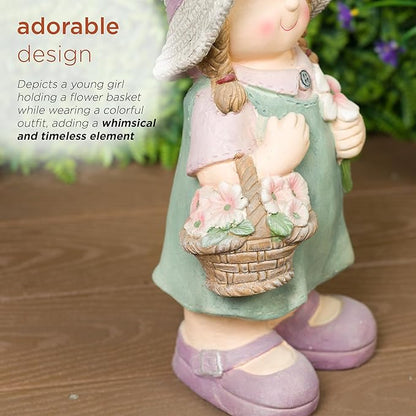 Alpine Corporation QWR1456 Indoor/Outdoor Little Girl with Flower Basket Garden Statue, Playful Child Statue for Yard, 15" H, Green