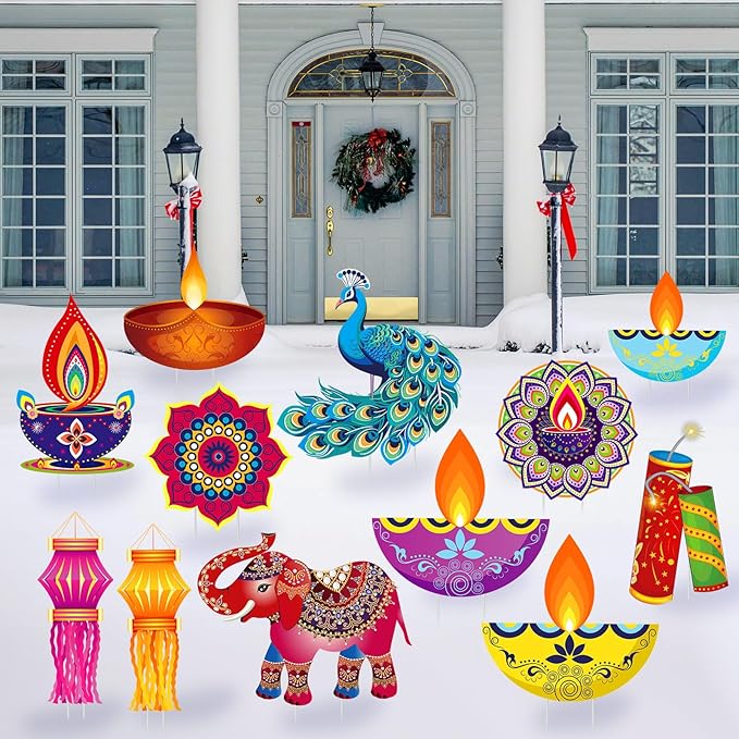 Amyhill 12 Pcs Happy Diwali Yard Sign Lawn Decor Lights Festival Party Signs Waterproof Happy Diwali Yard Outdoor Decorations with Stakes for Indian Lights Holiday Party Lawn Ornaments Decorations