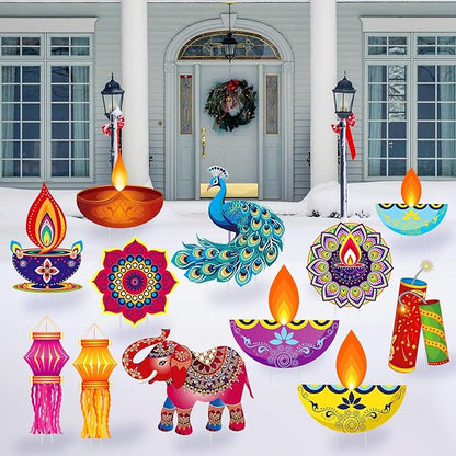 Amyhill 12 Pcs Happy Diwali Yard Sign Lawn Decor Lights Festival Party Signs Waterproof Happy Diwali Yard Outdoor Decorations with Stakes for Indian Lights Holiday Party Lawn Ornaments Decorations
