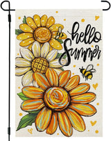CROWNED BEAUTY Hello Summer Garden Flag Sunflowers 12x18 Inch Double Sided Small Floral Seasonal Holiday Decoration for Outside Yard