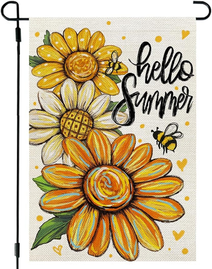 CROWNED BEAUTY Hello Summer Garden Flag Sunflowers 12x18 Inch Double Sided Small Floral Seasonal Holiday Decoration for Outside Yard