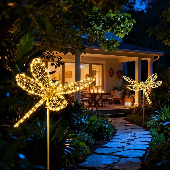 Lomotech Solar Garden Lights - 18" 240 Leds Foldable Outdoor Dragonfly Garden Decor, Waterproof Larger Outdoor Solar Lights with Iron for Garden Patio Yard Lawn Pathway Decorations (Warm White)