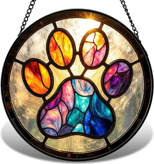 Pet Stained Glass Suncather for Window Hanging, Paw Print Ornament Gift for Pet Lover, 6.3'' Pet Memorial Wall Art Home Decor Sympathy Gift for Dog & Cat Owners (Colorful, 6.3'')