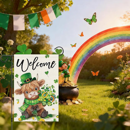 Heyfibro Welcome St. Patrick's Day Garden Flag 12x18 Double Sided Burlap, Highland Cow with Shamrock Bouquet & Green Plaid Scarf Yard Flag for Spring Seasonal Irish Farmhouse Outdoor Decor(ONLY FLAG)