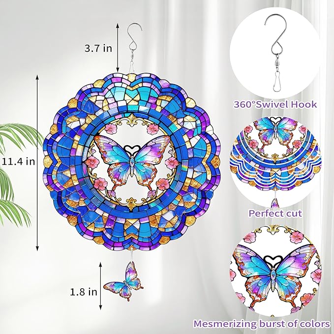 Butterfly Wind Spinner Outdoor Hanging for Yard Garden for Women Mom Grandma Birthday,12 inch 3D Hanging Wind Sculptures Metal Wind Spinners for Outside, Garden, Patio, Yard Decor
