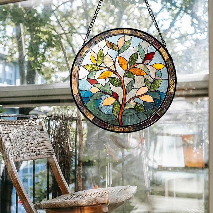 Stained Glass Window Hanging Colorful Tree of Life Large 15" - Plant Leaves Suncatcher Door Garden Sun Catcher Home Decor Birthday Christmas for Mom Men Woman Nana Friend