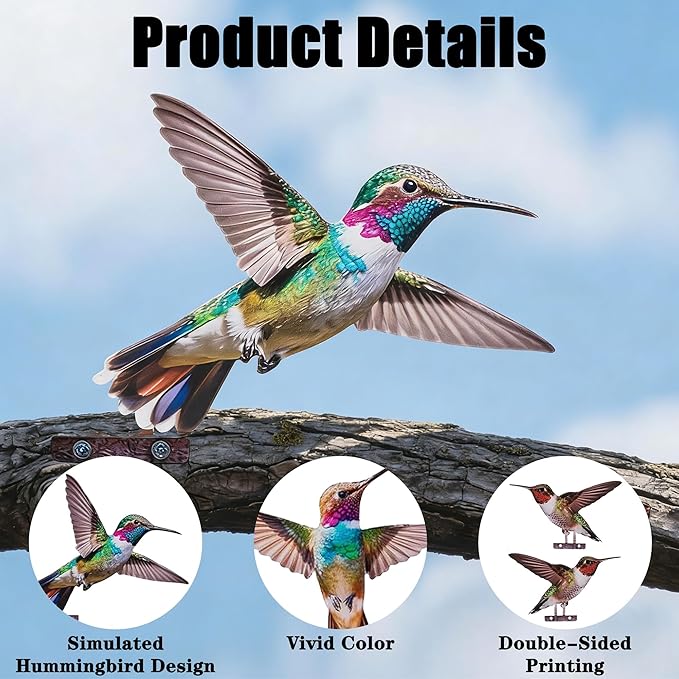 Color Vivid Metal Birds Fence Decor - Double Sided Colorful Yard Art, Weatherproof Garden Sculptures for Outdoor Patio, Farmhouse Fence Decor, Backyard Ornaments for Lawn (Hummingbird)