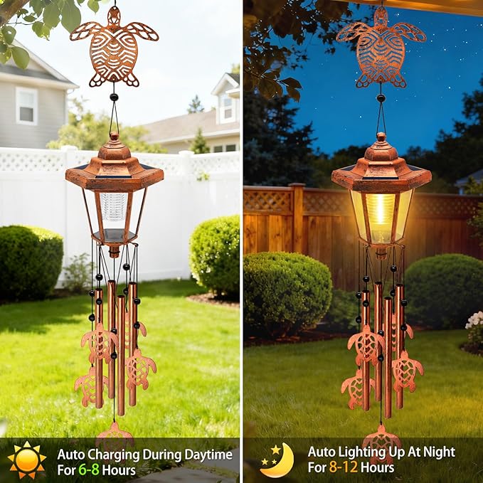 Large Solar Turtle Wind Chimes with Wind Catcher/Solar Decor Light to Create a Zen Atmosphere, Decor for Outdoor Garden Balcony, Classic Bronze Wind Chimes, Gifts for Mom Grandma Women Wife Daughter