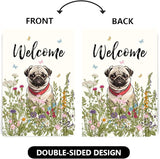 Floral Pug Garden Flag Spring Summer House Flags 28 x 40 Double Sided Flower Dog Yard Flags for Outside Large Outdoor Welcome Flags