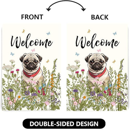 Floral Pug Garden Flag Spring Summer House Flags 28 x 40 Double Sided Flower Dog Yard Flags for Outside Large Outdoor Welcome Flags
