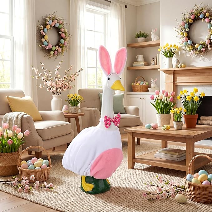 Abbylike 1 Set Easter Bunny Porch Goose Outfits Easter Yard Goose Clothes Costume with Bunny Ears Headband Fits Large 23'' Cement for Spring Outdoor Garden Yard Patio Statue Pathway Art Decorations
