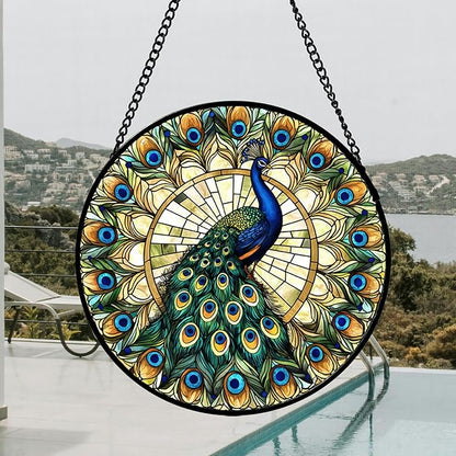 DASTOLL Stained Glass Window Hanging - Retro Peacock Decoration Suncatcher for Door Garden Home Bird Feather Sun Catchers Christmas Mother's Day Birthday Gifts for Women Men Mom Nana Friend 14.9 in