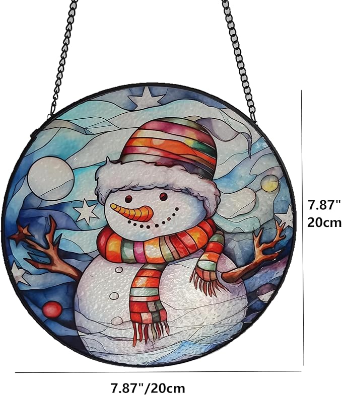 Snowman Suncatcher Stained Glass Suncatchers 7.87 Inch Stained Glass Ornament for Home Decor Indoor Wall Art for Christmas Day Valentine's Day Mother's Day Women