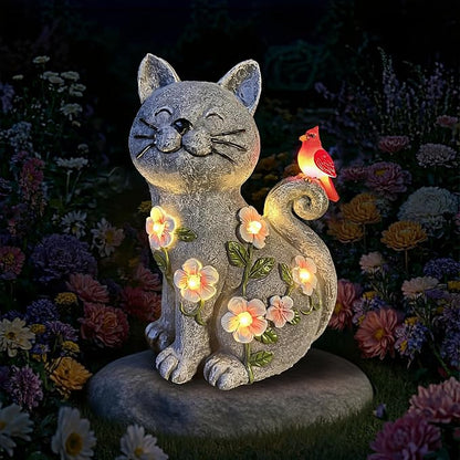 Solar Cat Garden Statue with LED Lights, Waterproof Resin Cat Figurine with Red Bird, Outdoor Decor for Patio, Lawn, Yard, Balcony, – Gift for Mom, Grandma & Cat Lovers