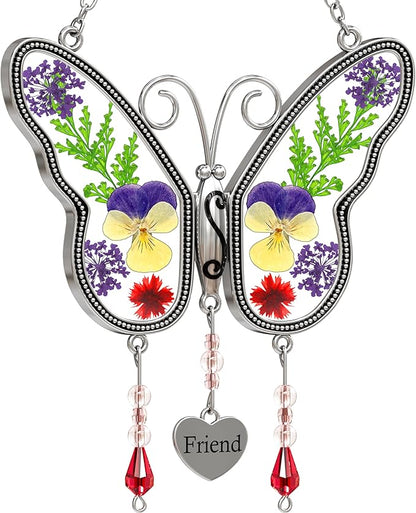 Friends Gifts for Birthdays Butterfly Suncatcher Stained Glass Wind Chime with Pressed Flower Wings Embedded in Glass with Metal Trim Friend Heart Charms Sun Catchers