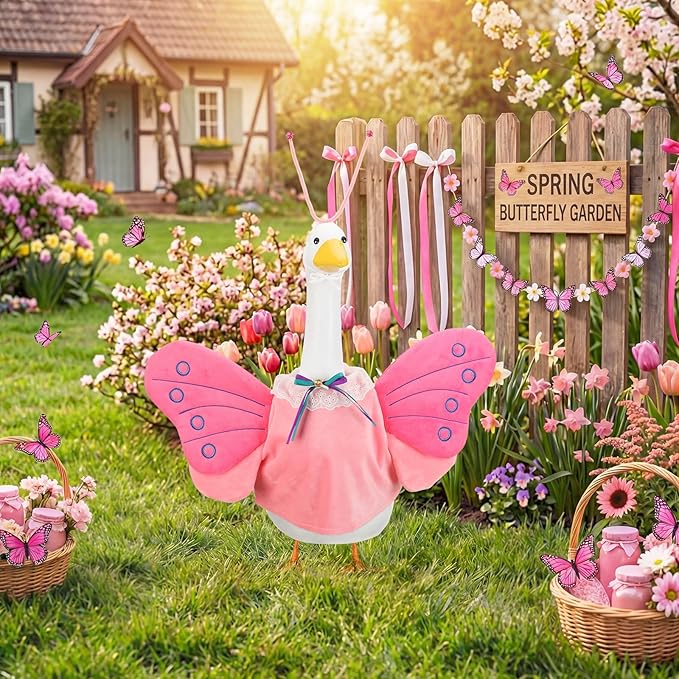 Abbylike 1 Set Spring Butterfly Porch Goose Outfit Butterfly Wings Goose Clothes Costume Fits 23" Large Cement Plastic Geese Statue for Spring Outdoor Garden Yard Lawn Patio Art Decorations