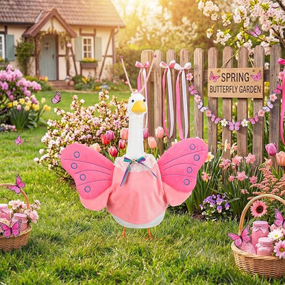 Abbylike 1 Set Spring Butterfly Porch Goose Outfit Butterfly Wings Goose Clothes Costume Fits 23" Large Cement Plastic Geese Statue for Spring Outdoor Garden Yard Lawn Patio Art Decorations