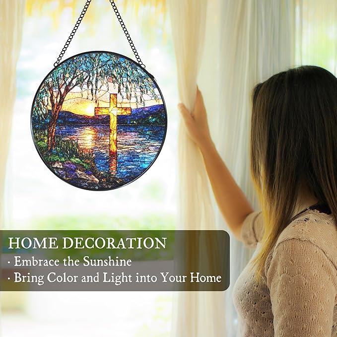 Cross Willow Tree Stained Glass Window Hanging Suncatcher, Christian Willow Sunset Sun Catcher Indoor Window Decor, Religious Painted Glass Round Wall Hanging Decorations, 7.8x7.8 in