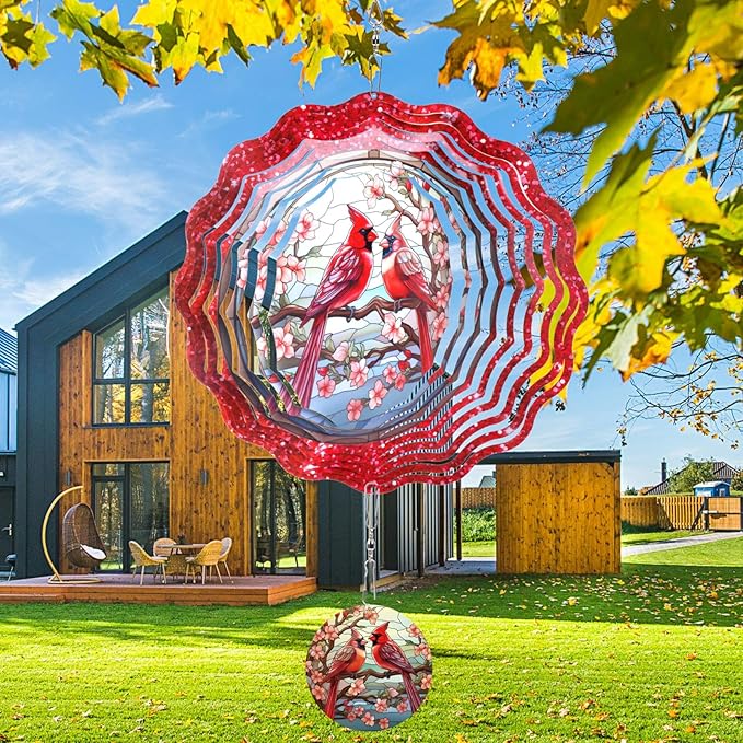 Rngmsi Red Cardinal Wind Spinner, 12 Inches 3D Stainless Steel Cardinal Garden Decor Yard Art, Cardinal Gifts for Women Outdoor Ornaments Outside Patio Decorations