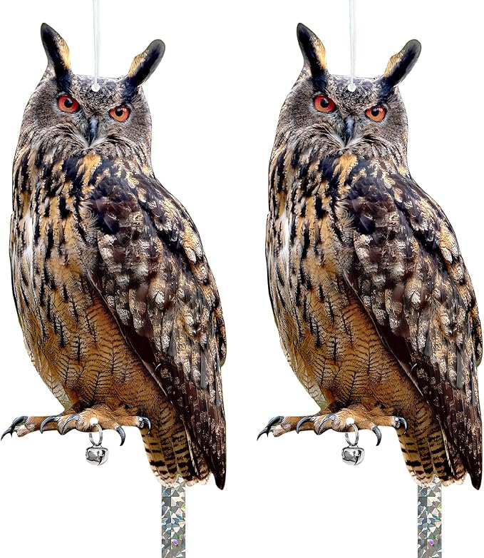 Owls to Keep Birds Away: 2Pack Fake Owl with Reflective Tape for Vineyard Garden Patio Pool, Reflective Hanging Decoration to Keep Birds Pigeon from Windows Tree Orchard