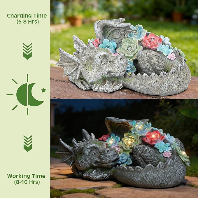 Garden Dragon Statue Outdoor Decor, Coiled Sleeping Dragon Figurine with Solar Light Succulent, Waterproof Resin Garden Sculpture for Outside Lawn Patio Yard Ornament Gifts